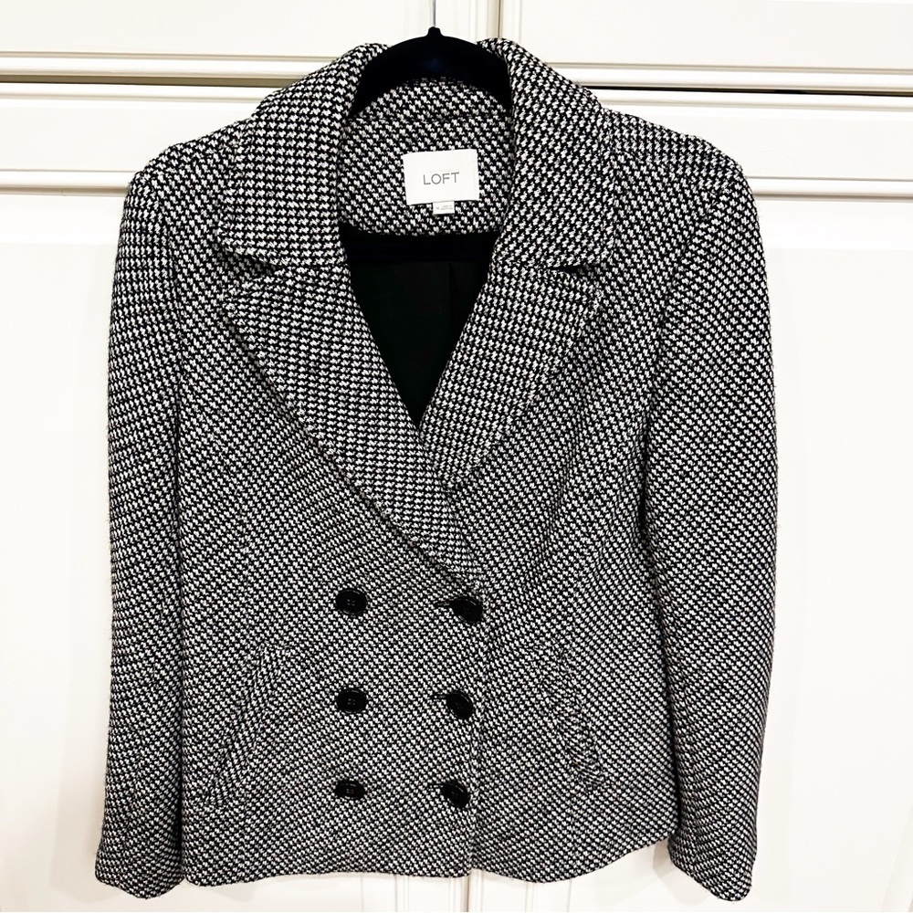 Ann Taylor LOFT Women’s Tweed Pea Coat Preppy Black White Knit Lined Jacket Med